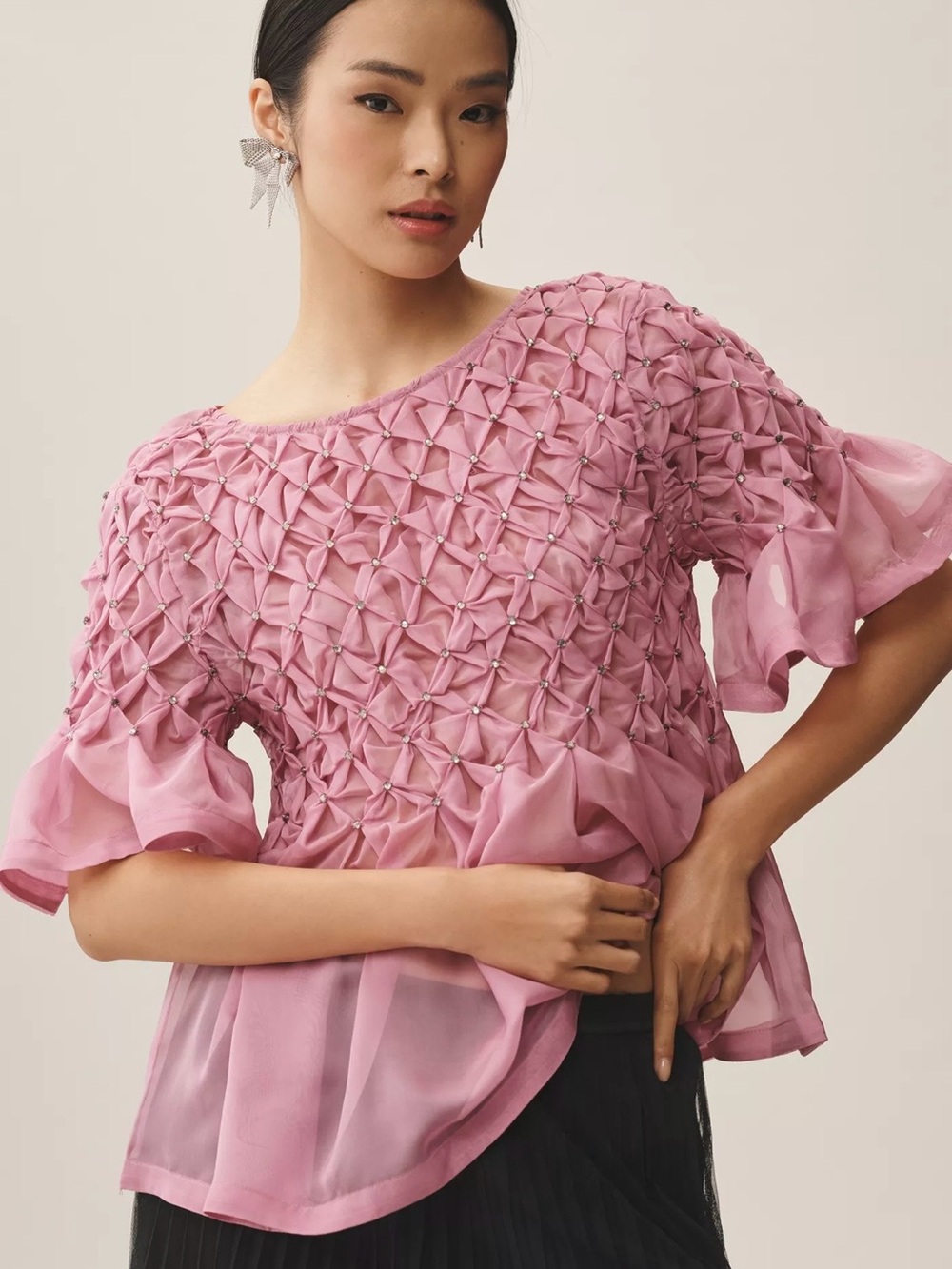 Maeve Dusty Rose Smocked Pearl Accent Blouse